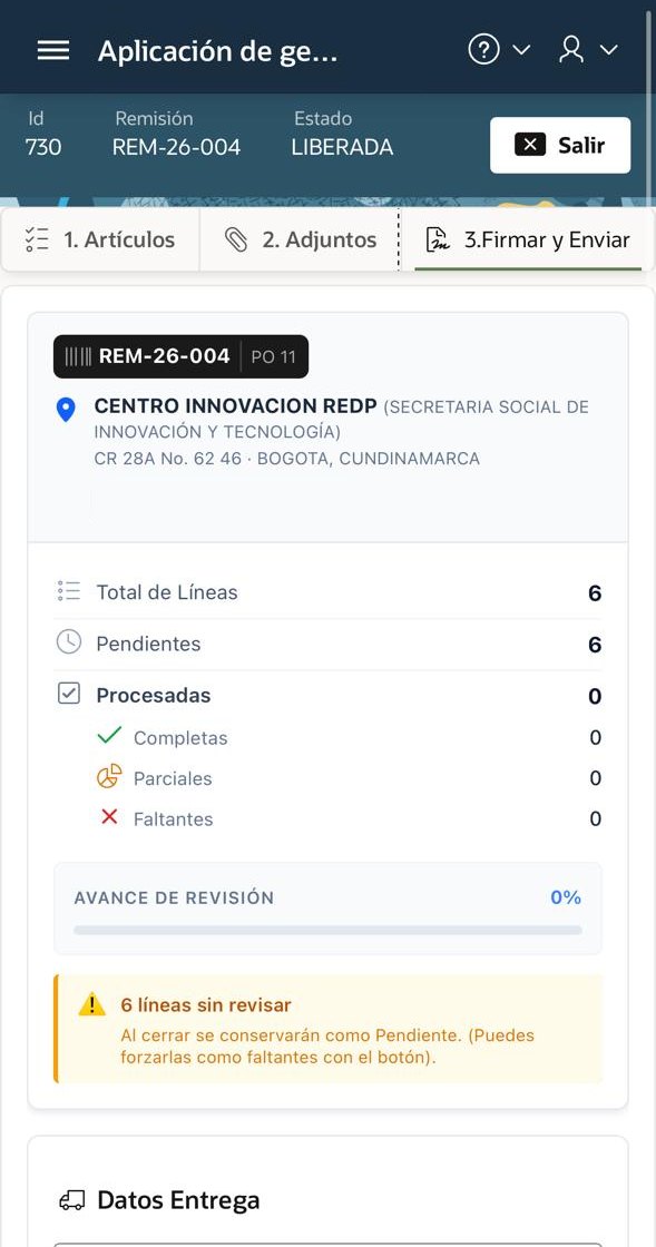 Resumen de la recepción antes de firmar: líneas completas, parciales y faltantes