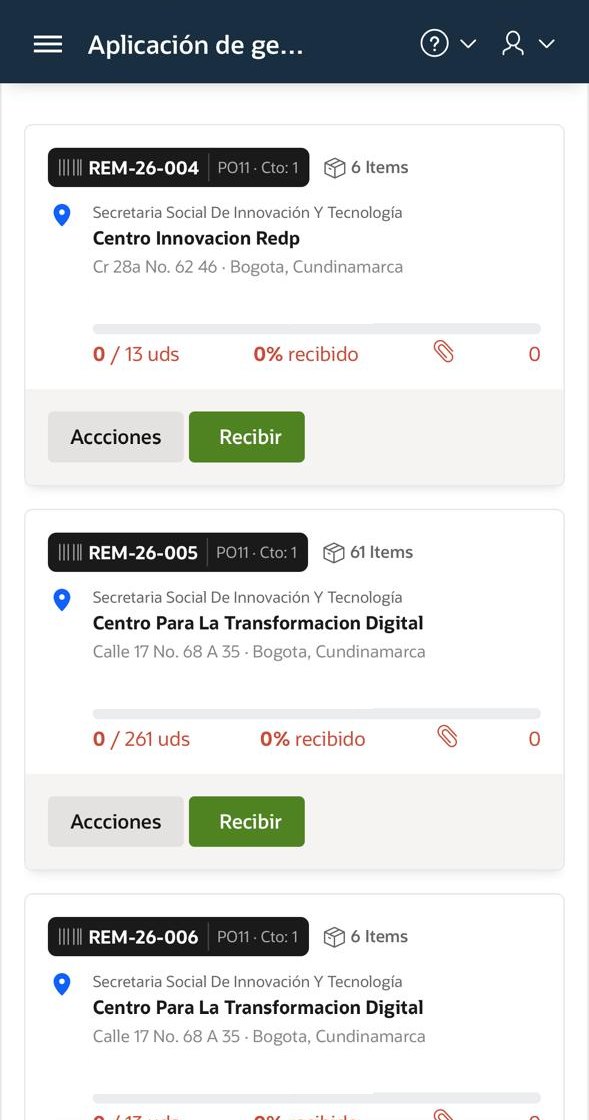 Lista de remisiones por recibir en cada sede, con unidades y porcentaje recibido