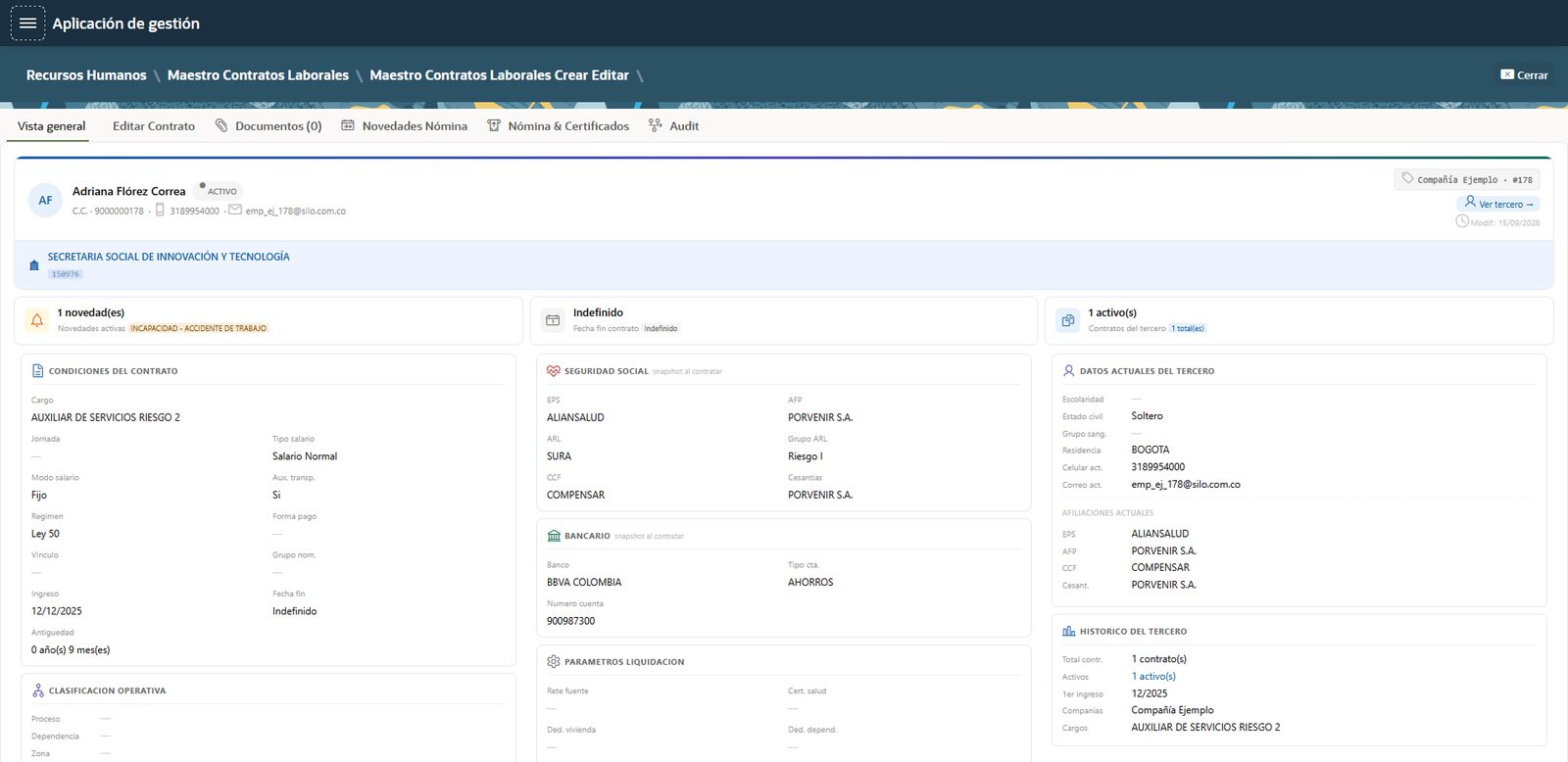 Ficha de un contrato laboral, con condiciones, seguridad social y novedades