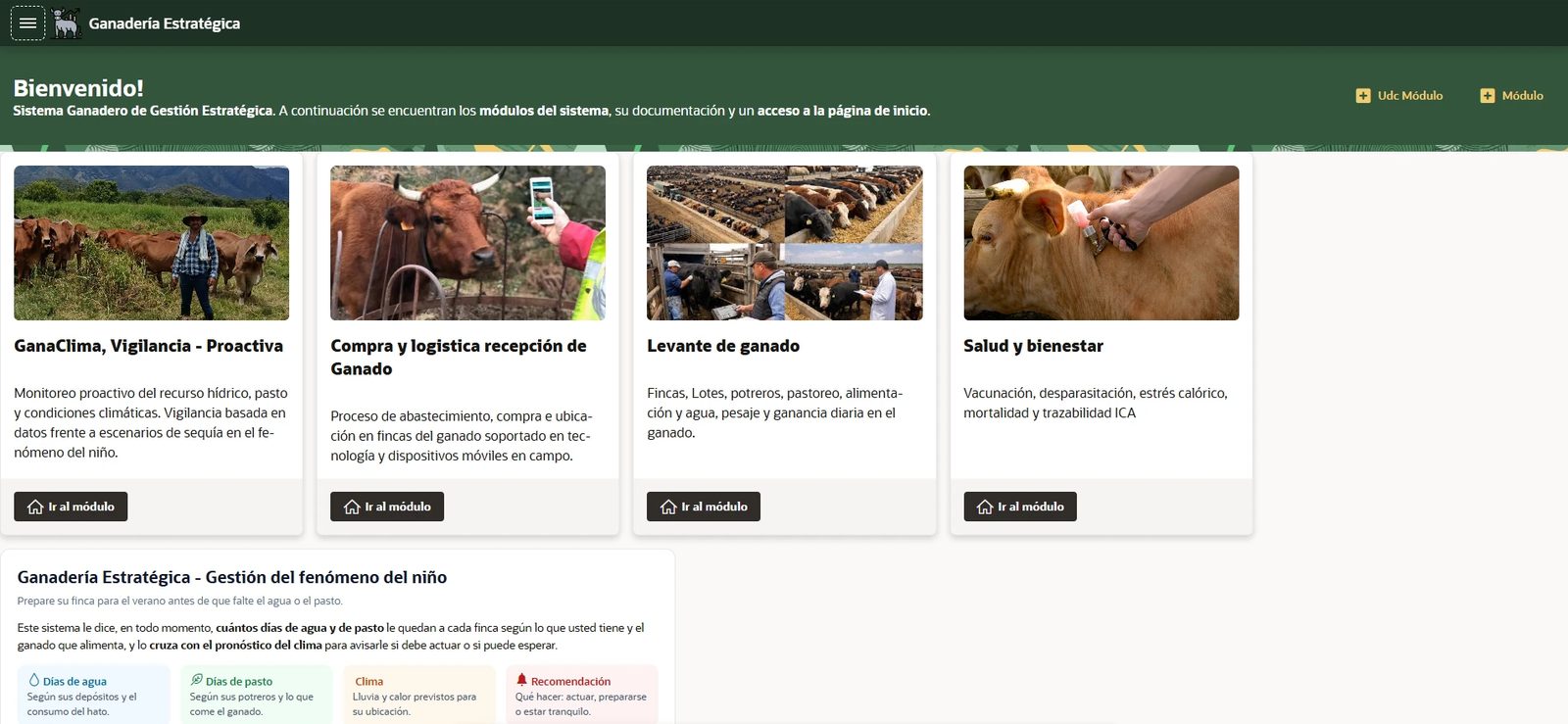 Sistema de gestión ganadera, con vigilancia del clima, compra, levante y salud del ganado