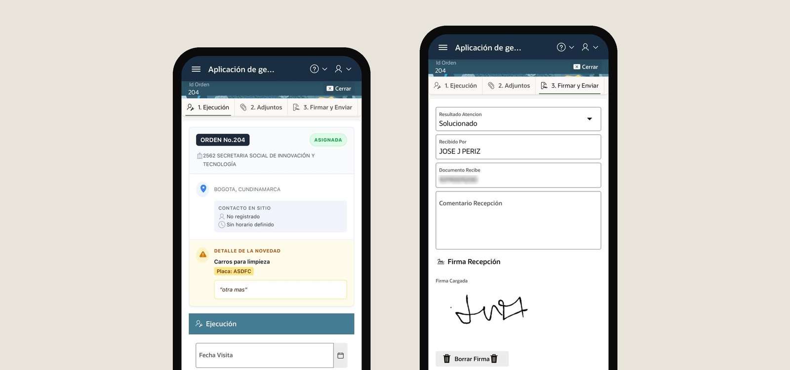 Dos pantallas del celular: la ejecución de una orden de mantenimiento y su cierre con firma