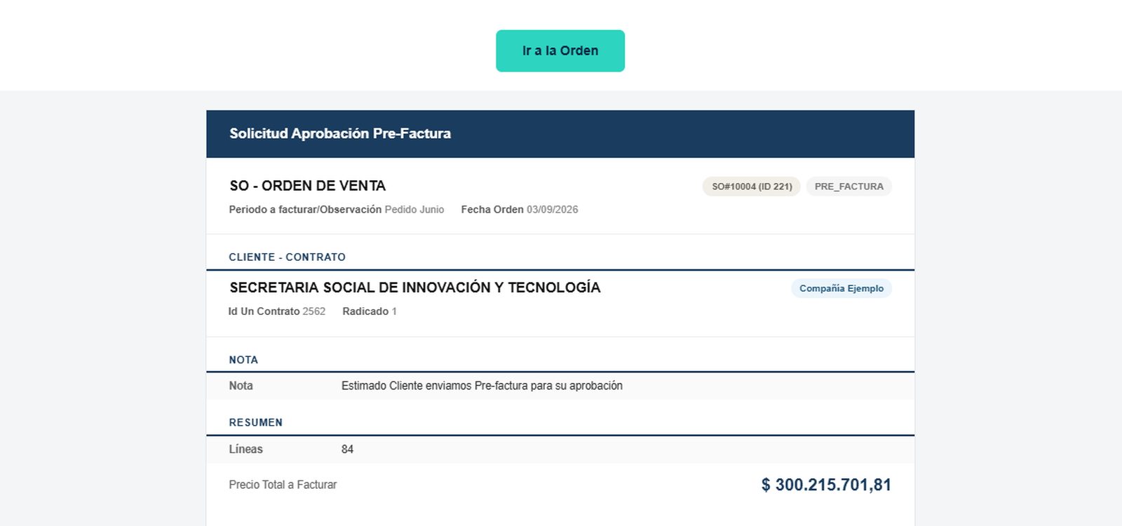 Correo de solicitud de aprobación de prefactura que recibe el cliente
