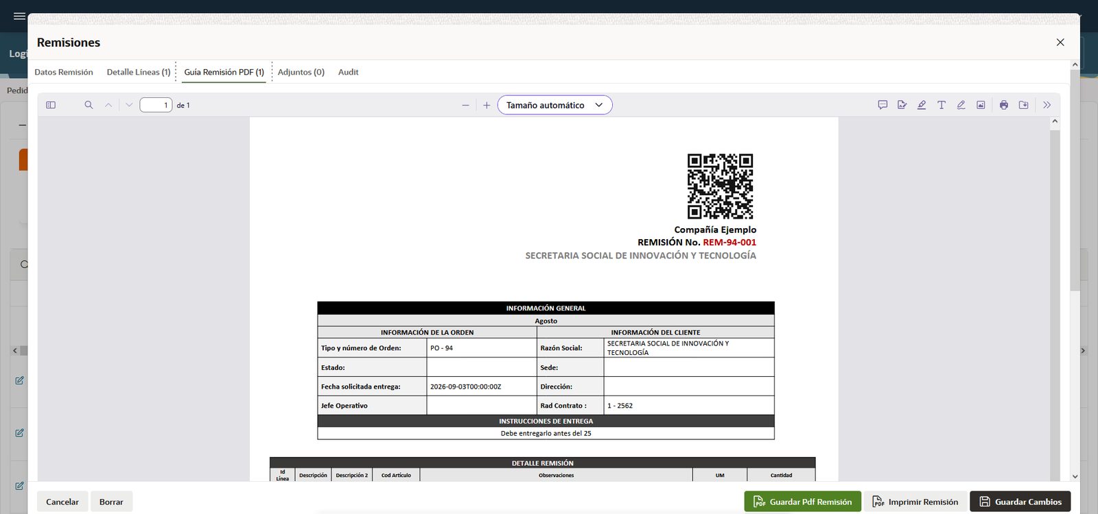 Remisión con su guía en PDF y un código QR